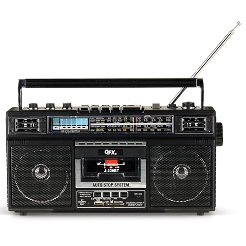 QFX Retro Bluetooth Boombox Cassette Tape Player Recorder, J-220BT, Black | Portable, Dual 3" Speakers, AM/FM/SW1/SW2 Radio, Rechargeable Battery, Built-In Mic, Recorder, 3-Band Equalizer