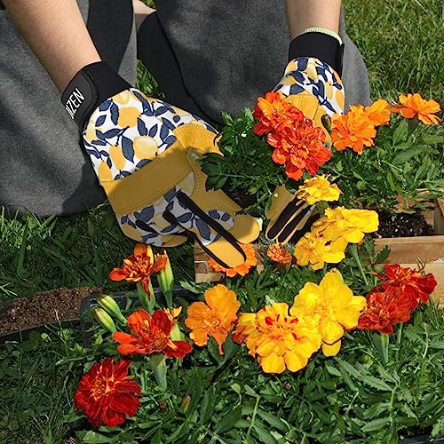 OIZEN Cowhide Leather Thorn Proof & Puncture Resistant Gardening Gloves for Women and Men, Touchscreen Compatible Working Gloves for Weeding, Digging, Planting, Gardening Gifts for Women, Size Medium