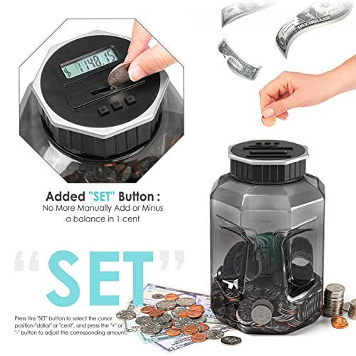 X-Large Piggy Bank for Adults Kids, Digital Coin Counting Bank LCD Counter | Vcertcpl 2.4L Capacity, Great Coin Counter Bank Money Counting Jar with Total Amount Displayed, Bank for All US Coins Gray
