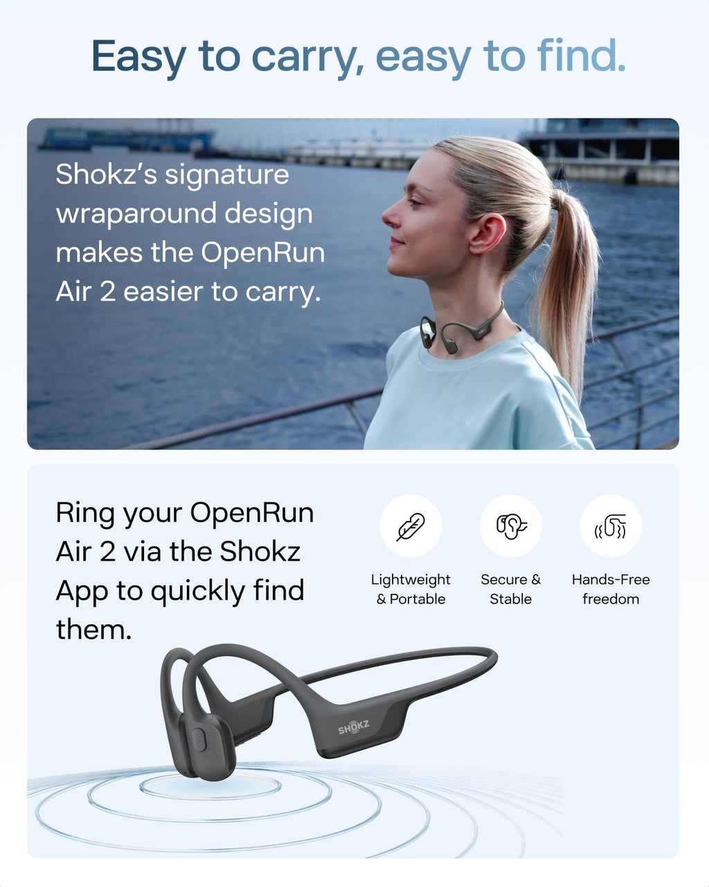SHOKZ OpenRun Air 2 Bone Conduction Open-Ear Bluetooth Headphones，Black | Bundle with Hair Band；26.4g lightweight; Secure fit; PremiumPitch 3.0 sound; IP67; 10H battery; Running/cycling/hiking