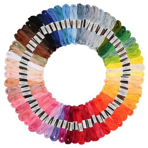 70 Skeins Embroidery Thread Friendship Bracelet String Floss Kit Yarn | Rainbow Thin Threads for Beginners, Cross Stitch, Sewing, Needlepoint, Crochet Craft, Patterns for Hair Wrap & Shirt Lanyard