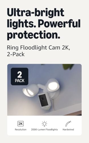 Ring Floodlight Cam 2K (newest model), Wired, Home or business security, Wide-Angle Retinal 2K Video, 6x Enhanced Zoom, Ultra-Bright Floodlights, 2-Pack, White