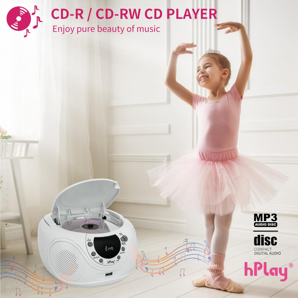hPlay P16 Portable CD Player Boombox with Bluetooth, White | CD/CD-R/MP3-CD, FM Digital Radio, USB/MP3 Playback, Aux-In & Headphone Jack, AC/Battery Powered