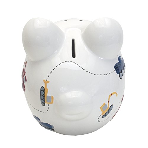 Child to Cherish Ceramic Piggy Bank for Boys, Construction Trucks, White