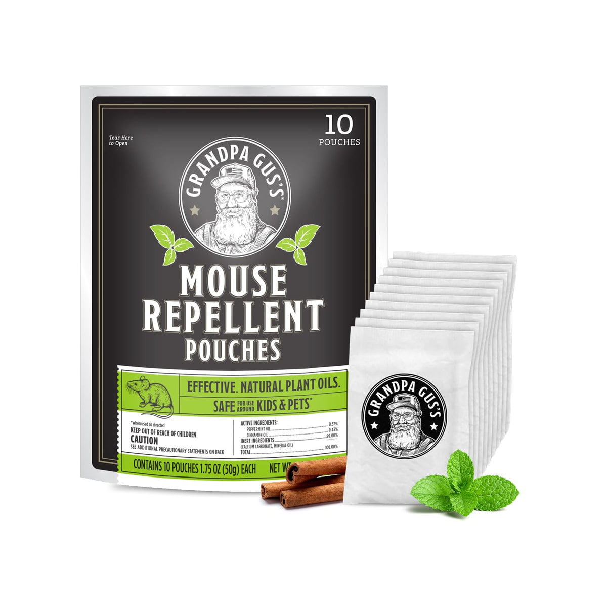 Grandpa Gus's Mouse Repellent Pouches, Peppermint & Cinnamon, Pack of 10 | Plant-Based, Natural Rodent Repellent and Nesting Prevention for Homes/Cabin/Garages/Storage/Vehicles, Kid & Pet Safe