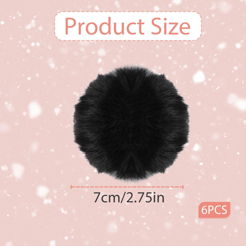 Mozeat Lens 6 Pcs Black Pom Poms Faux Fur Pom Pom Fluffy Pom Pom Balls, Round Fluffy Pompoms for Crafts with Tiny Cord for Hat Shoes Garment Hair Pins Earrings Necklace Charm Wedding Accessories