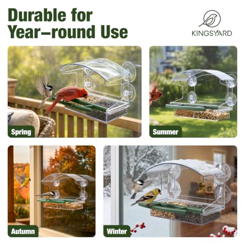 Kingsyard Window Bird Feeder with 4 Extra Strong Suction Cups | Crystal Clear Durable PC, Extra Wide Perch, Lift-Out Seed Tray, Easy to Clean & Refill, Bird Watching Gift, Garden Decor