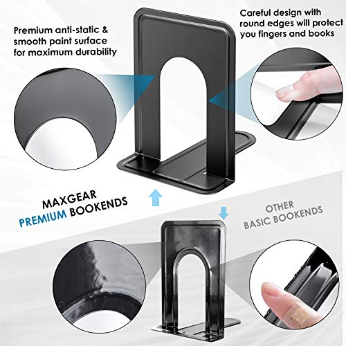 MaxGear Matte Painted Book Ends, Heavy Duty and Sturdy Bookends for Shelves | Office Non-Skid Metal Book End Stopper for Books/CDs/DVDs, 6 x 4.6 x 6 in, Black, 2 Pairs/4 Pieces, Large