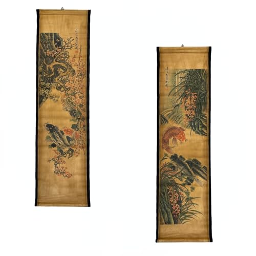 CIFIBIFUN Wall Scroll Hanging Painting Decor Japanese Art Koi Fish Fengshui | 4Panels,Ancient Japan Paintings Replica ,Asia Traditional Art, Attract Wealth, Four Season Flower