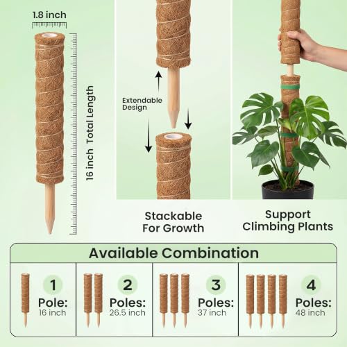 4 Pack 16" Moss Pole Monstera Plant Support - Stackable up to 48" | Plant Stakes for Indoor Climbing Plants Potted - Tall Coco Coir Pole Sticks & Accessories for Monstera, Pothos & Philodendron