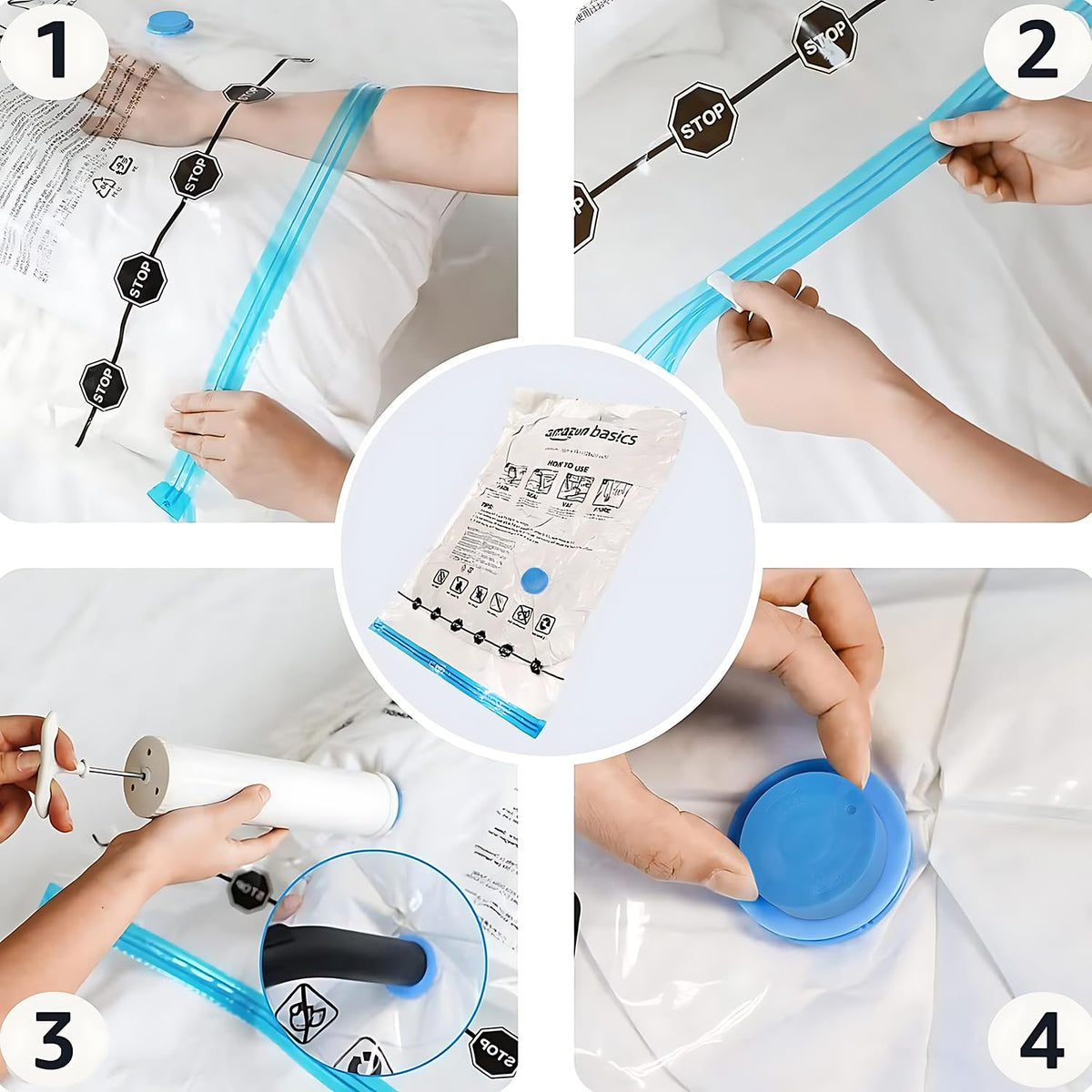 Amazon Basics Vacuum Storage Bags with Hand Pump, Jumbo, 6-Pack, Clear