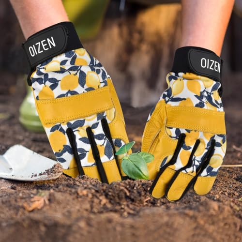 OIZEN Cowhide Leather Thorn Proof & Puncture Resistant Gardening Gloves for Women and Men, Touchscreen Compatible Working Gloves for Weeding, Digging, Planting, Gardening Gifts for Women, Size Medium