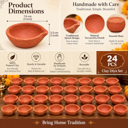 TIED RIBBONS 24 pcs Handmade Natural Clay Diya for Indian | Traditional Homemade Diwali Diyas Tealight | Indian Oil Lamp | Diwali Decorations | Indian Gifts, Pooja Decor | Terracotta Diyas