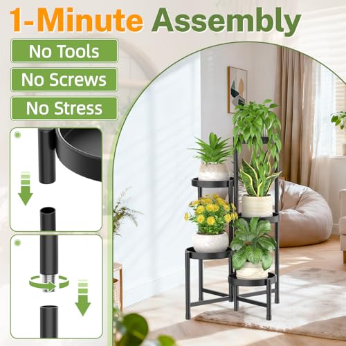 iDavosic.ly Plant Stand Indoor Outdoor, 5 Tier Metal Corner Shelf, Black | Tiered Flower Display Holder, Folding Multi Orchid Rack, Easy to Assemble, Space Saving Patio Balcony Porch Garden House