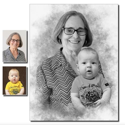 Custom Pencil Drawing from Photos – Charcoal Style Portrait – Merge Family Photos, Add Passed Loved One – Memorial Gift with Angel Wings – Personalized Canvas from Picture – In Memory of Mom