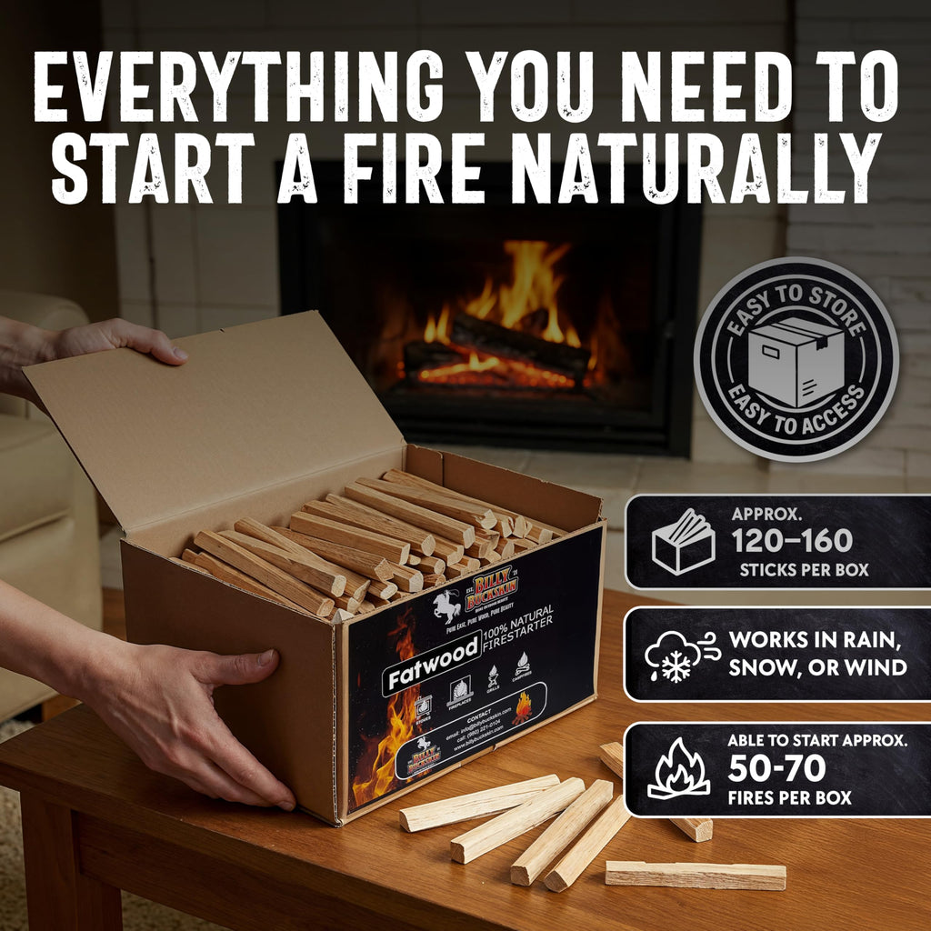 Billy Buckskin 10lb Fatwood Fire Starter Sticks, 100% Natural Firestarter | Lights when wet, For Campfires, Firepit, Fireplaces, BBQ & Wood Stoves, Easy Ignition with Just 2 Sticks, Camping Essentials