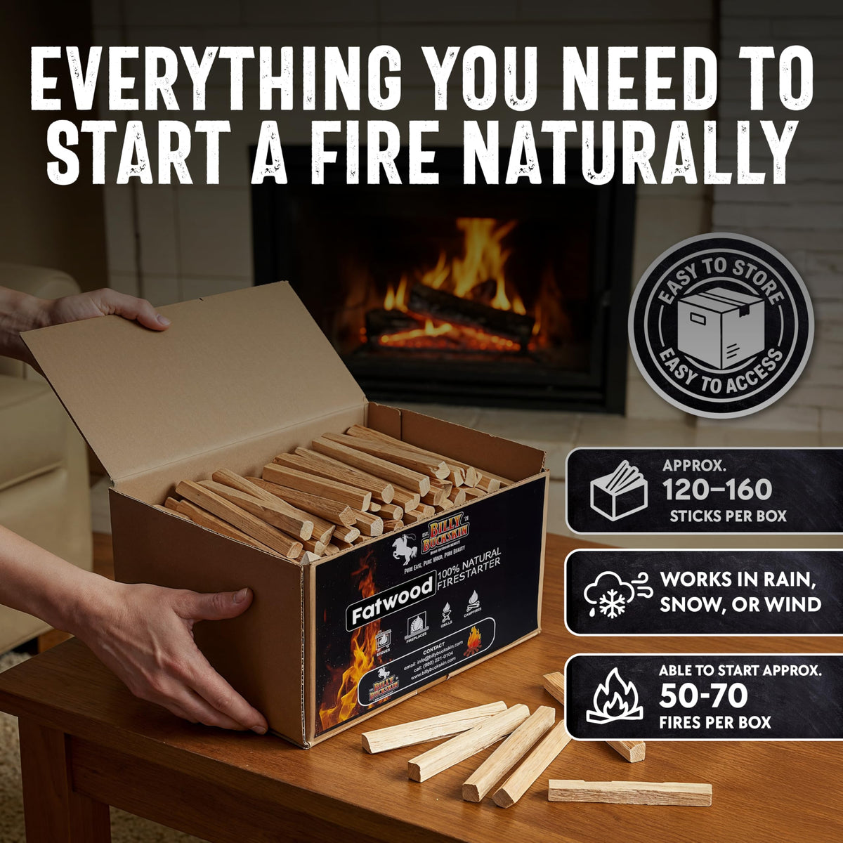Billy Buckskin 10lb Fatwood Fire Starter Sticks, 100% Natural Firestarter | Lights when wet, For Campfires, Firepit, Fireplaces, BBQ & Wood Stoves, Easy Ignition with Just 2 Sticks, Camping Essentials