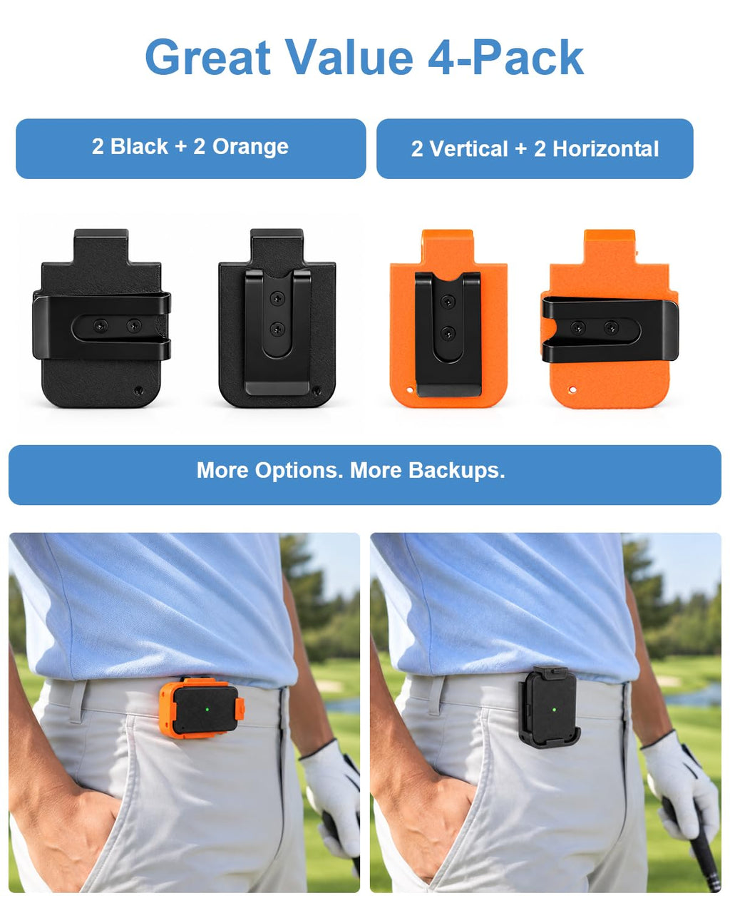 4-Pack Belt Clips Compatible with Arccos Air & Link Pro Golf Trackers | 2 Vertical & 2 Horizontal Portable Clips, Black & Orange