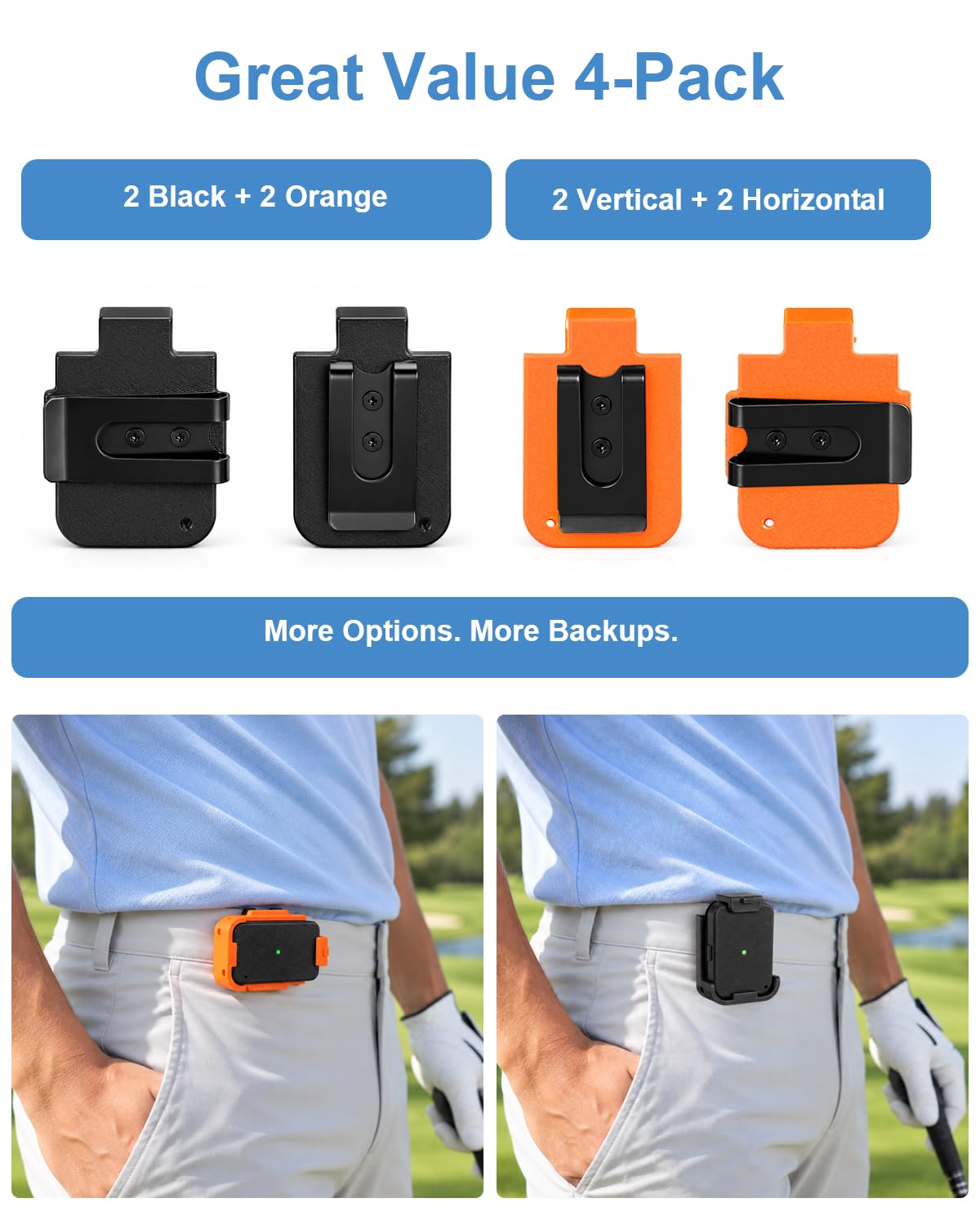 4-Pack Belt Clips Compatible with Arccos Air & Link Pro Golf Trackers | 2 Vertical & 2 Horizontal Portable Clips, Black & Orange
