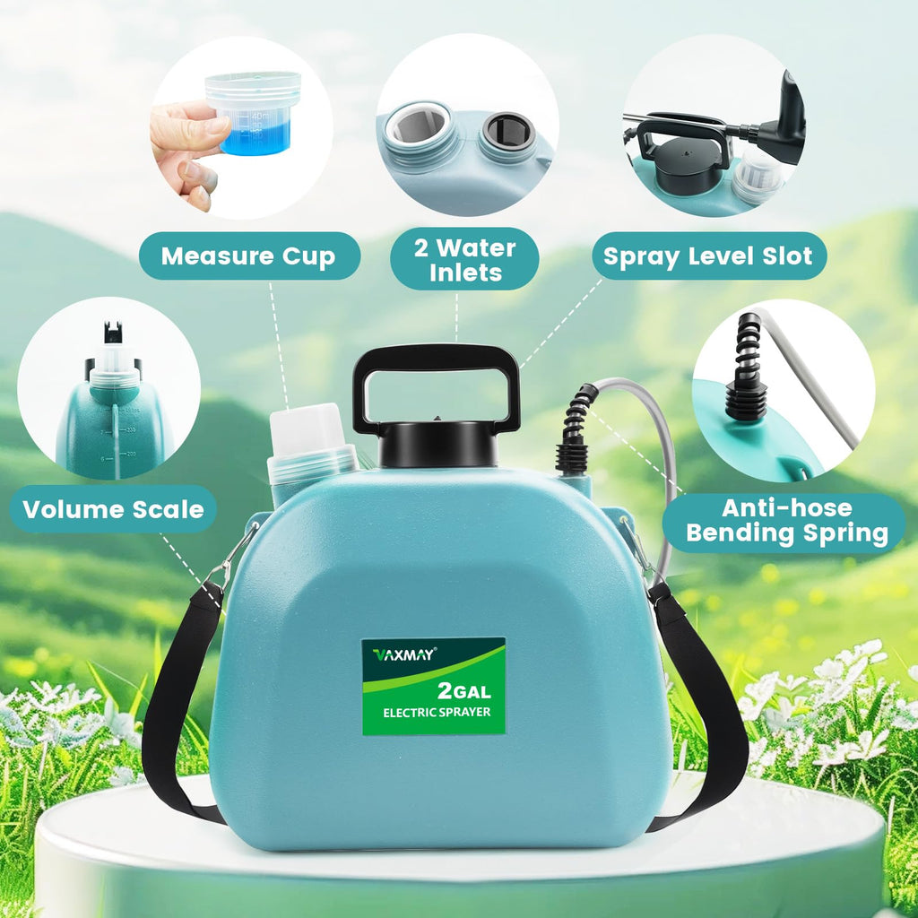Battery Powered Sprayer 2 Gallon, 2026 Upgrade Electric Sprayer with 3 Adjustable Speed, Battery Indicator, 4 Mist Nozzles, Rechargeable Retractable Wand with Adjustable Shoulder Strap for Lawn Garden