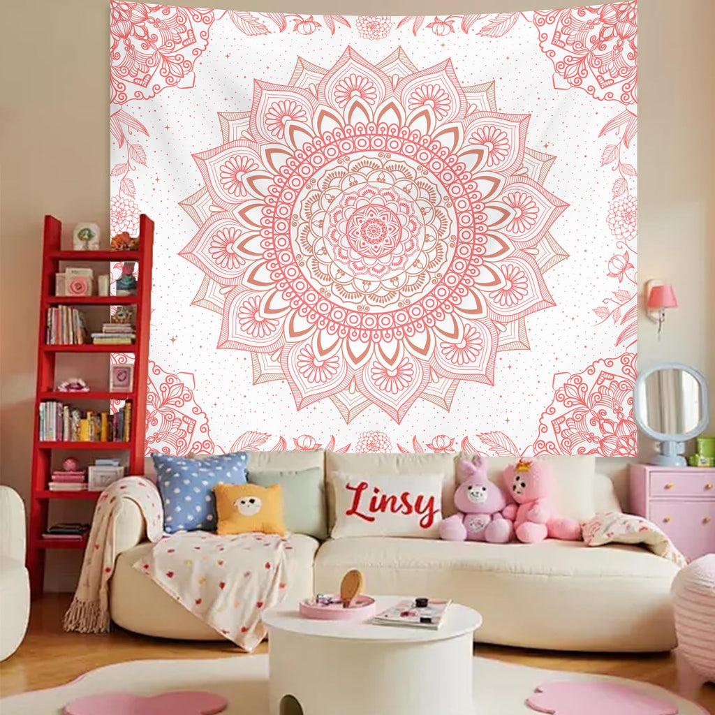 Apdidl Pink Boho Wall Tapestry for Bedroom,Mandala Bohemian Tapestries Girl | Girls Large Light Pink and White Cute Room Wall Hanging, Floral Hippy Flowers Teen Wall Decor Art Aesthetic for Dorm 51"X60"