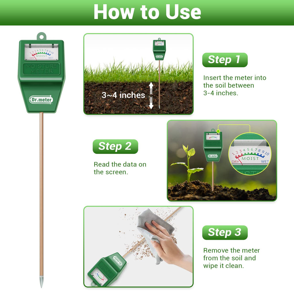 Dr.meter Soil Moisture Meter for Plants, Plant Water Gauge Test Kit | Soil Tester Hygrometer Sensor for Houseplants Garden Lawn Farm,Greenhouse, Gardening Gifts, No Battery Needed