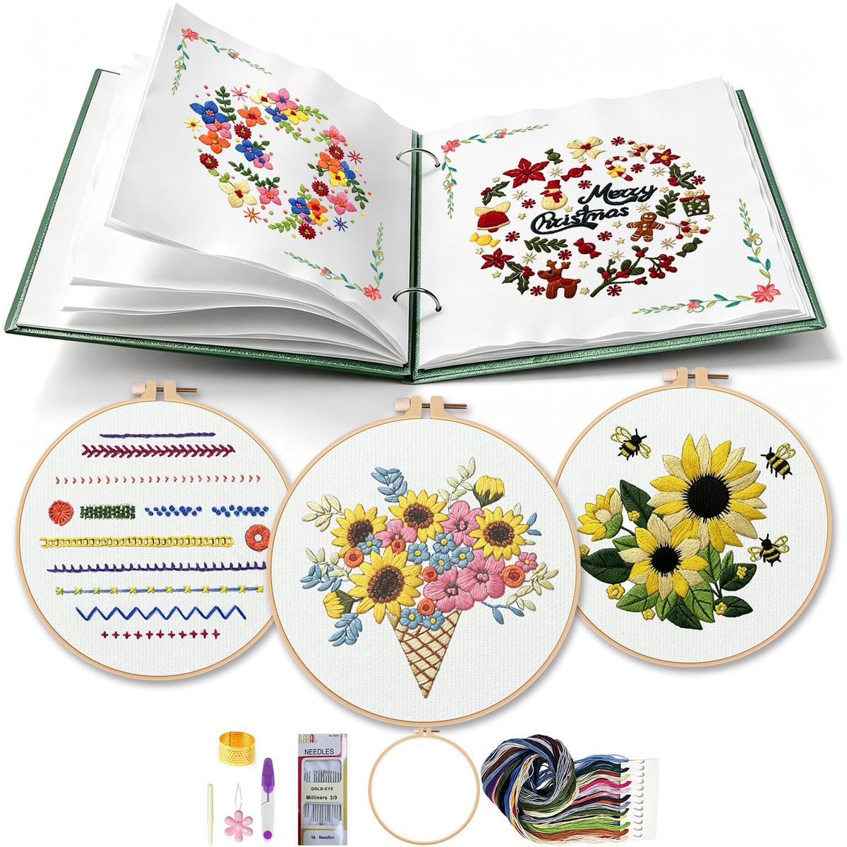 Embroidery Stitch Book with Video-Guided Tutorials on Every Page, 27 Essential Stitches, Beginner Embroidery Kit with Floral & Holiday Motifs. Portable Hand Embroidery Kit, Gift for Craft Lovers.