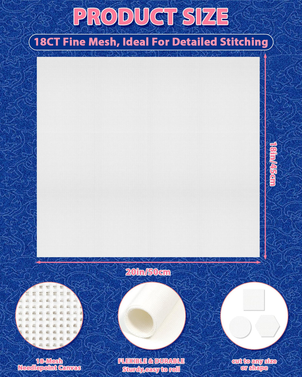 FIVEIZERO 18 Mesh Needlepoint Canvas, 20"x18" Blank Canvas Embroidery | 100% cotton canvas, Fine Blank Needlepoint Mesh for Embroidery, Cross Stitch and DIY Needlepoint Projects