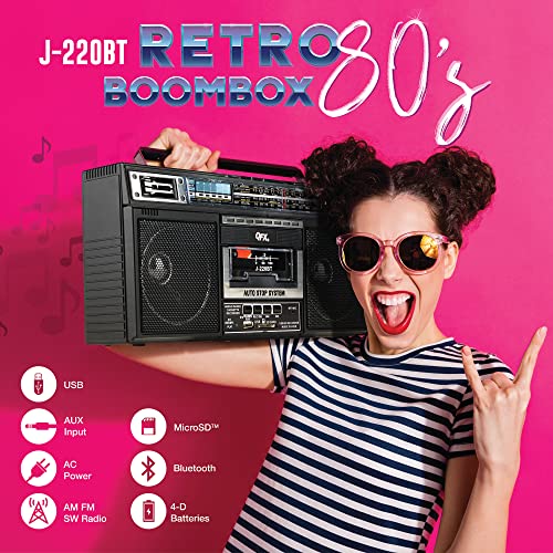 QFX Retro Bluetooth Boombox Cassette Tape Player Recorder, J-220BT, Black | Portable, Dual 3" Speakers, AM/FM/SW1/SW2 Radio, Rechargeable Battery, Built-In Mic, Recorder, 3-Band Equalizer