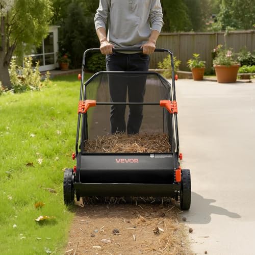 VEVOR Push Lawn Sweeper 26 in Leaf & Grass Collector 7 cu. ft. Hopper Bag | Heavy Duty Yard Sweeper with Adjustable Brush Height, Spinning Brushes, Rubber Wheels for Leaves Grass Cleanup, Black/Orange