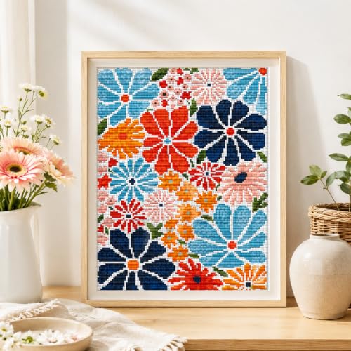 Stamped Cross Stitch Kits for Beginners-Modern Retro Floral,12x16in | 11CT Cross Stitch Kits for Adults,Partial Cross-Stitch Kit,DIY Arts and Crafts,Embroidery Kit for Adults Beginners,Frameless