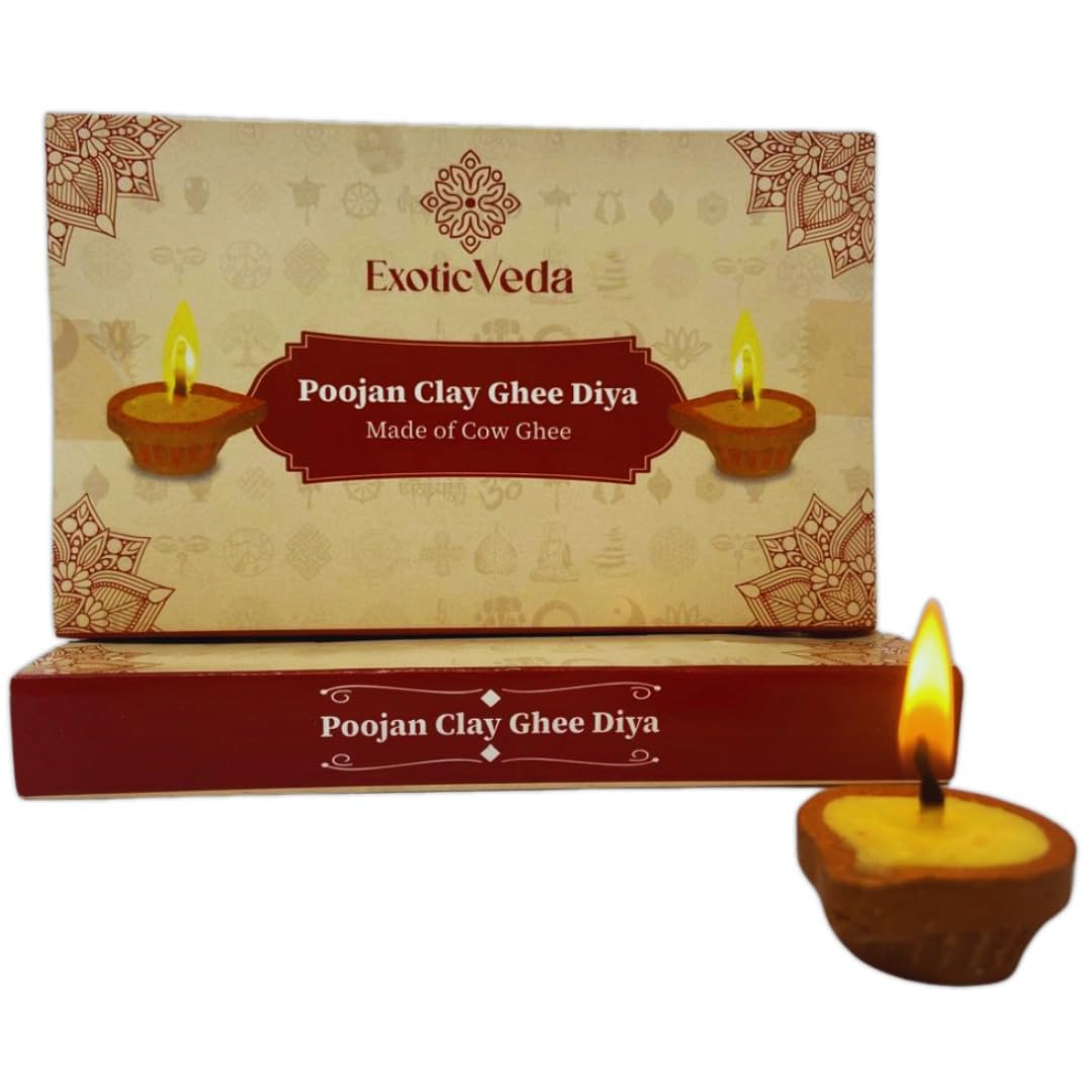 Handcrafted Poojan Clay Ghee Diya Set of 15 - Eco-Friendly Homemade Diya with Premium Cow Ghee Wick for Spiritual Rituals, and Religious Ceremonies, Meditation.