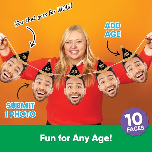 Custom Photo Adult Black & Gold Birthday Age Hat - Garland Banner - 10pc | Personalized Photo Banner, 10 Face Cutouts with Cone Hats, Custom Birthday Age Decorations, Cord Included, USA-made