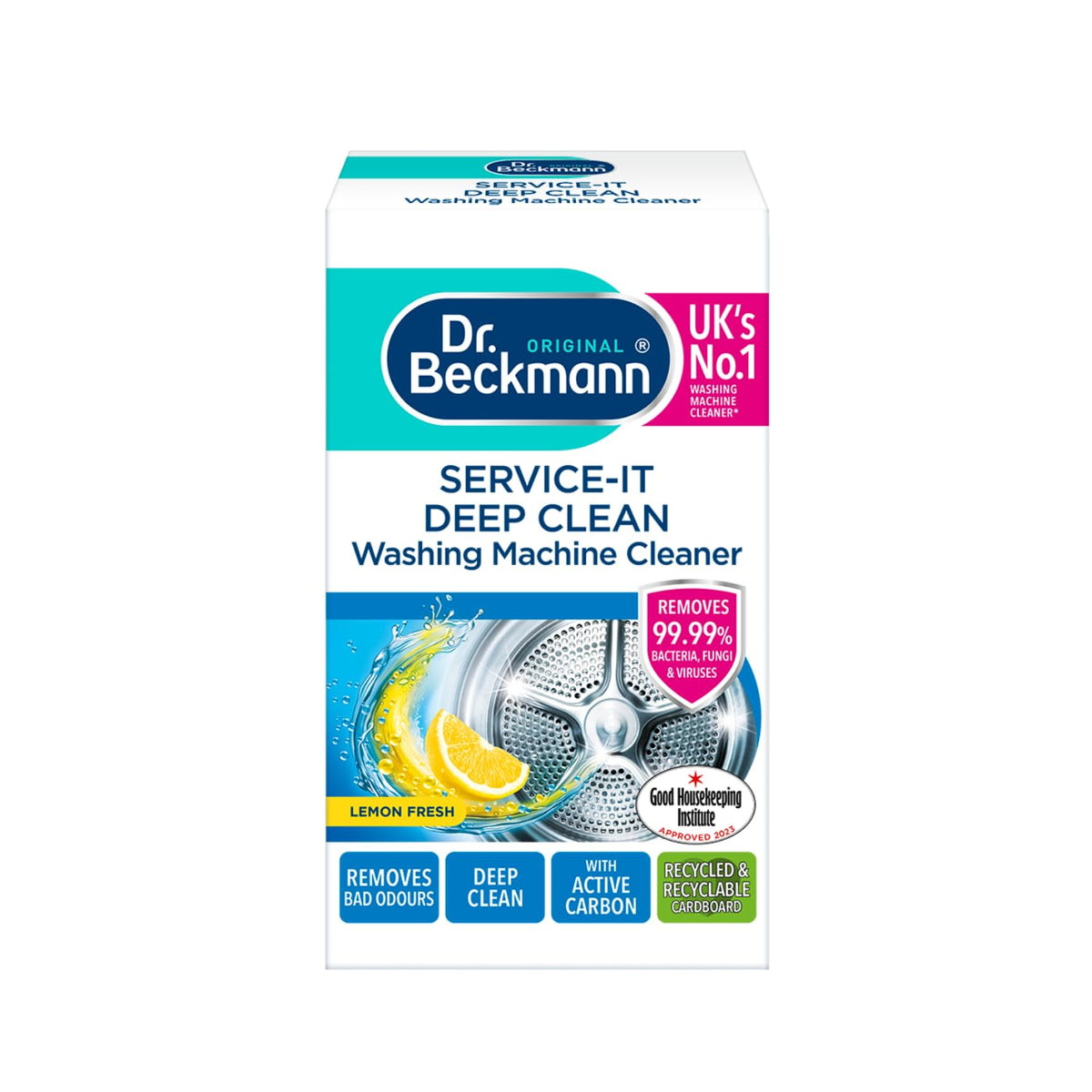 Dr. Beckmann Service-it Deep Clean Washing Machine Cleaner, 250g | Lemon Fresh scent, Removes 99.99% of bacteria, fungi & viruses. Eliminates bad odours. Hygenically cleans. Efficient machine