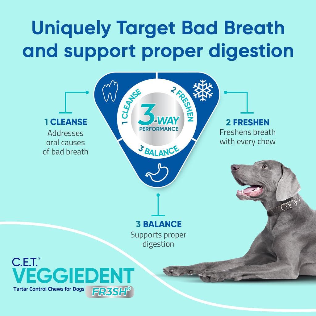 C.E.T. Veggiedent Fr3sh Plaque and Tartar Control Chews for Dogs, Medium | Vet recommended dental chews, plant-based formula, supports canine digestive health, VOHC approved for plaque & tartar