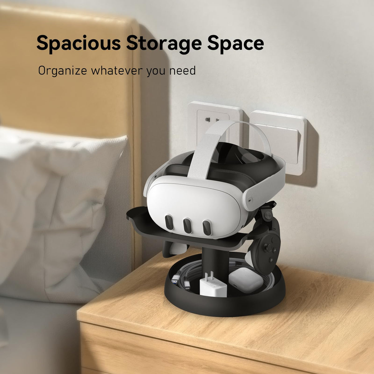 AMVR TYBP1 VR Headset Stand for Quest 3/3S/2, Steam Frame, Pico 4, PSVR 2 | Stable enlarged base,ABS build,lens scratch protection,holds headset & controllers,multi-accessory storage,quick instal