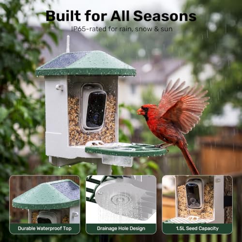 HARYMOR Smart Bird Feeder with Camera Solar Powered, 2K HD Live Video, 10,000+ Bird Species AI Identification, Wild Bird House Feeders for Outdoors, Instant Arrival Alerts, Ideal Gift for Bird Lovers