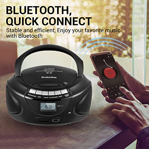 Gelielim Portable CD Players for Home, CD Boombox with AM/FM Stereo Radio, Bluetooth, USB, SD Card, MMC Drive, Aux-in, Headphone Jack,LCD Display, Boom Box CD Player AC/Battery Operated – Black