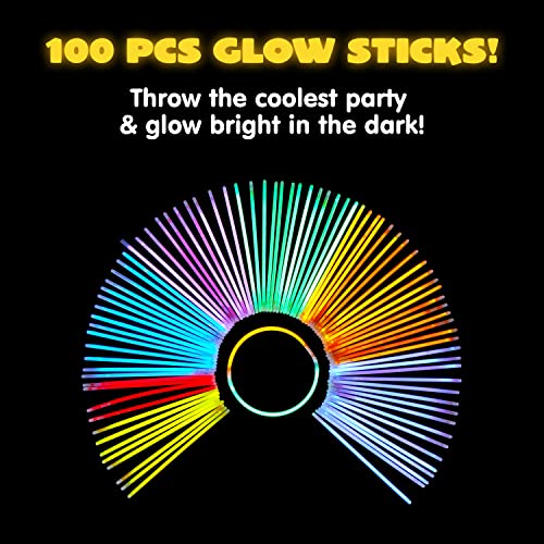JOYIN 100 Pcs 8" Glow sticks Bulk Party Pack, Neon Glow in the Dark Party Supplies, Light Up Necklaces and Bracelets with Connectors for Halloween, Football, Birthday Decorations