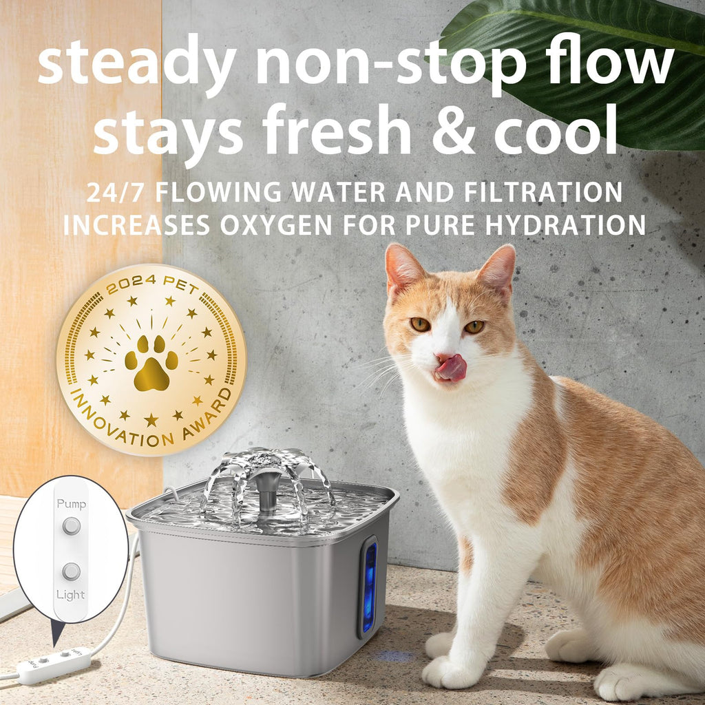 Veken Innovation Award Winner Stainless Steel Cat Water Fountain, 108oz, C1 | Automatic Pet Fountain Dog Water Dispenser with 3 Replacement Filters & Silicone Mat, Gifts for Cats, Dogs (Silver)