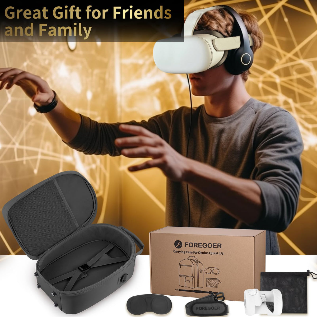 FOREGOER Carrying Case for Meta Quest 3/Quest 3S/Oculus Quest 2, Hard Travel Storage Case Compatible with Oculus Quest 3 Headset, Quest Pro, Touch Controllers Accessories, VR All-in-One Gaming Headset