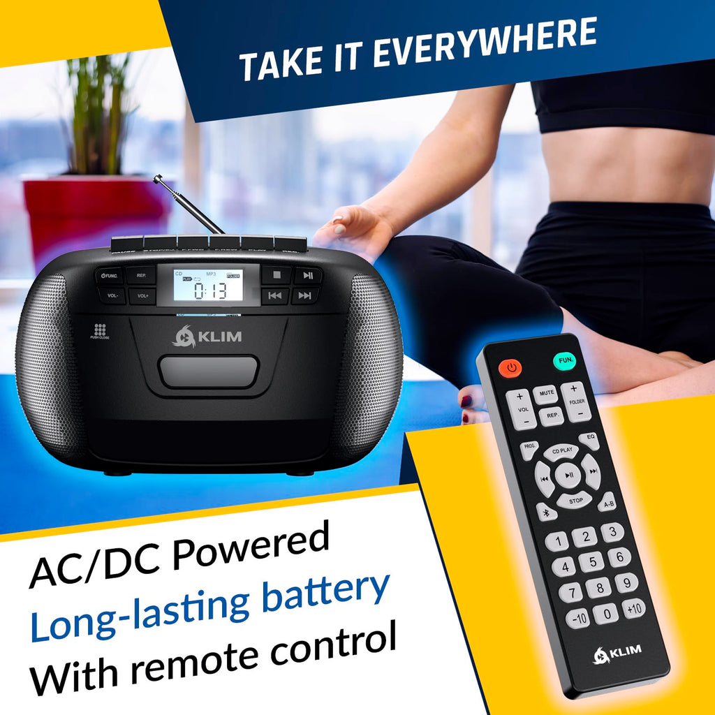 CD Cassette Player with Case, Bluetooth Boombox, AM FM Radio, USB Drive | 3W Stereo Speakers, Song Programming Included, Remote Operates Up to 6 Metres Away - Black