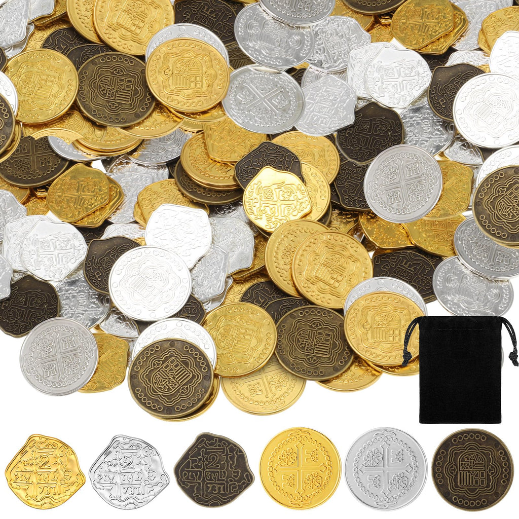 Hanaive 100 Pcs Metal Pirate Treasure Coins, Multicolor, Mixed | Spanish Doubloon Design, Gold Coin, Fake Coin Tokens, Board Game, Pirate Party Supplies, Cosplay, Kid, Adult, Treasure Chest