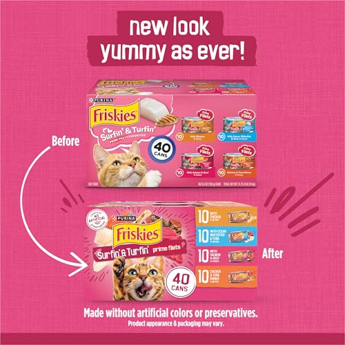 Purina Friskies Prime Filets Cat Food Variety Pack, 40 Pack 5.5 oz Cans | Surfin' and Turfin' wet cat food favorites in a savory gravy, made with real meat, poultry and seafood