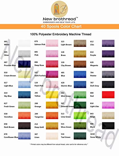 New brothread 40 Colors Polyester Embroidery Machine Thread Kit | Colors Compatible with Brother, 40WT, 500M/550Y spool, Compatible with Brother Babylock Janome Singer Pfaff Bernina Machines