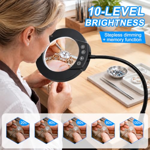LED Desk Magnifying Lamp with Clamp,10X Magnifying Glass with Light | 5 Color Modes Stepless Dimmable Magnifier Light 3000K-6500K, 5V/2A USB Powered Hands Free Flexible Goose-Neck