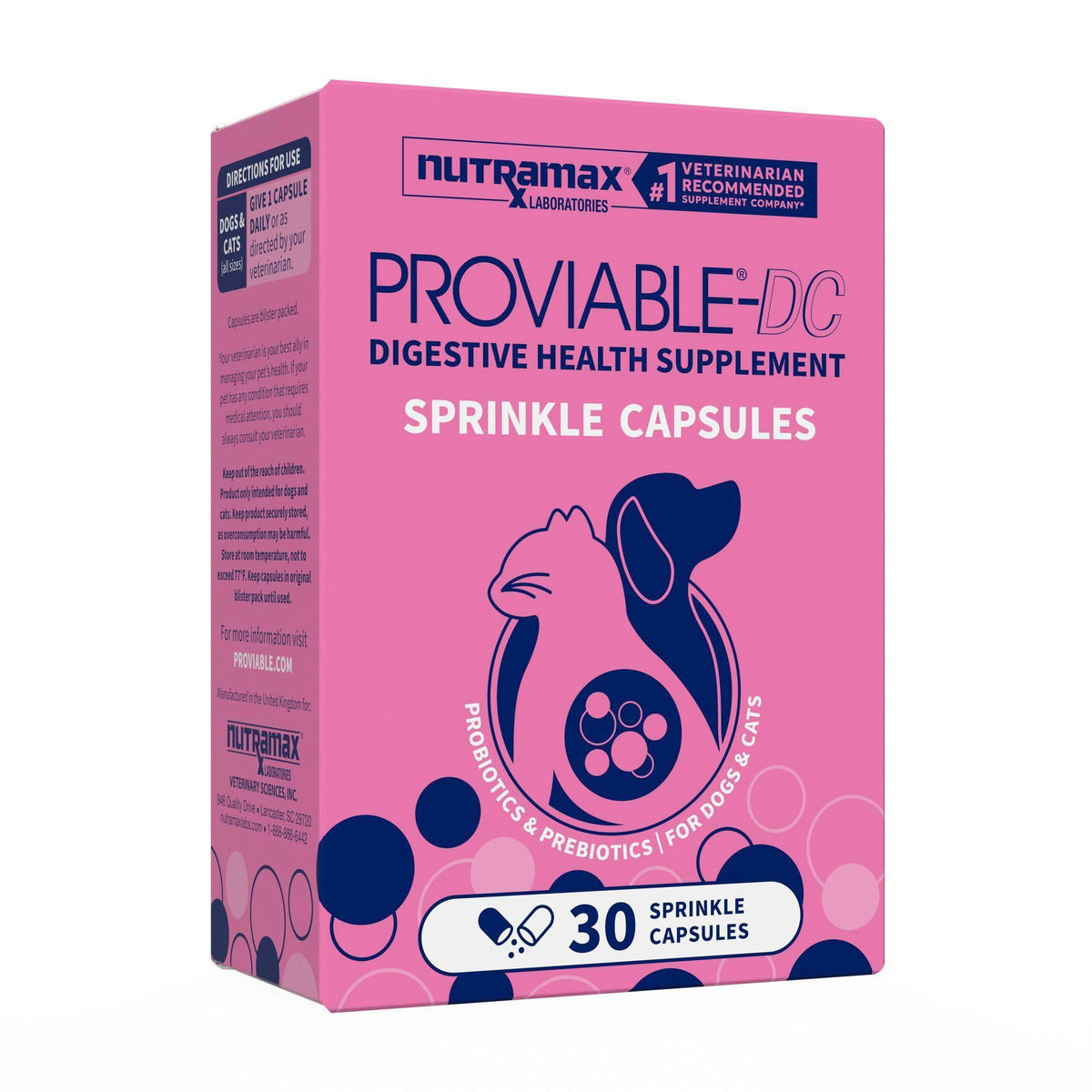 Nutramax Proviable Probiotics for Dogs & Cats, Sprinkle Capsules, 30ct | Probiotics for Cats and Dogs, Plus Prebiotics, Daily Gut Health Support Supplement, Multiple Strains, Sprinkle on Food