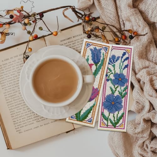 ORIGACH 6 Set Wildflower Floral Cross Stitch Bookmark Kit for Beginner | 11CT Stamped Cross Stitch Kit DIY Embroidery Bookmark Set with Backing Felt Floss Instructions for Adults, Book Lovers