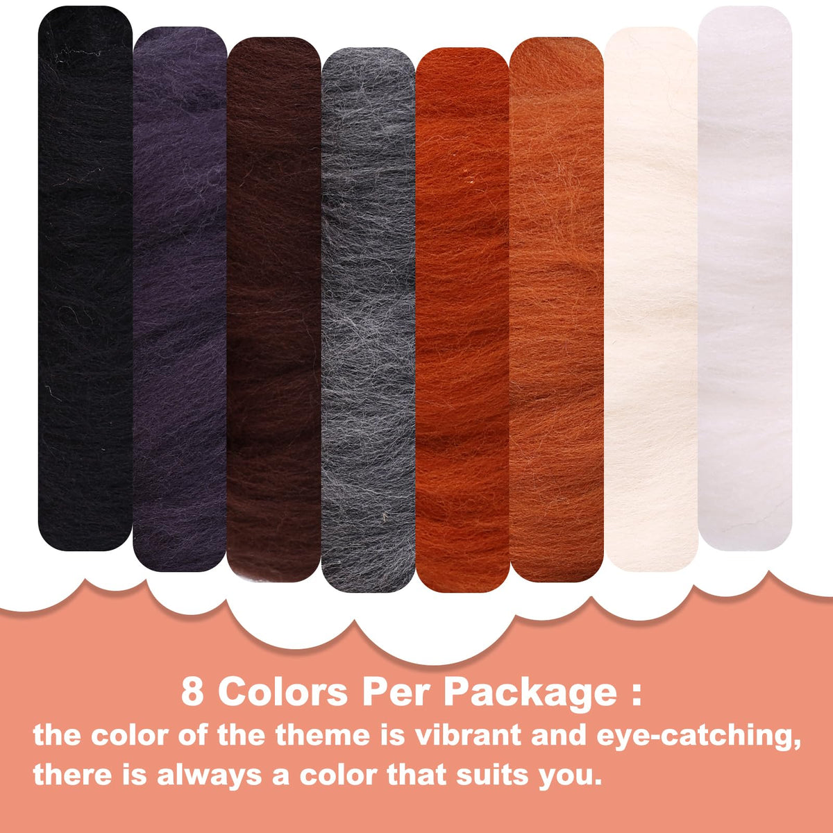 Wonvoc Needle Felting Wool 2.82 OZ, 8 Colors Wool Roving, Winter Dunes | 10g per Color, Felting Wool Bulk, Wool Roving for Needle Felting, for DIY Craft Materials, White, Black, Brown