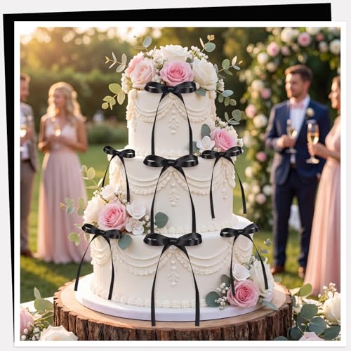 30 Pack Bow Cake Toppers Black Ribbon Bows for Cake Halloween Party Decor | Black Ribbon Bow Halloween Party Decorations Birthday Decorations for Baby Shower, Wedding, Engagement, Bachelorette Party